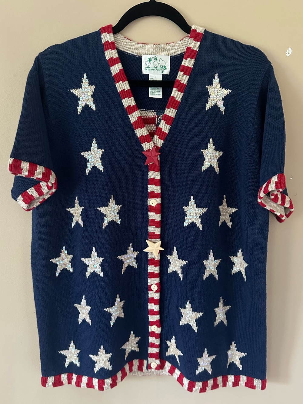 Vintage Quaker Factory American Flag Patriotic Star Sweater Cardigan L